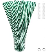 50 Pack 9 Inch Reusable Green Striped Plastic Straws with 2 Cleaning Brushes Hard Drinking Straws...