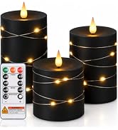Homemory Black Flameless Candles with Fairy Lights, Remote Timer, Set of 5 | Halloween pillar can...