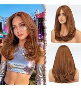 FESHFEN Wigs with Bangs for Women, Synthetic Natural Looking Long Layered Straight Auburn Hair Wi...