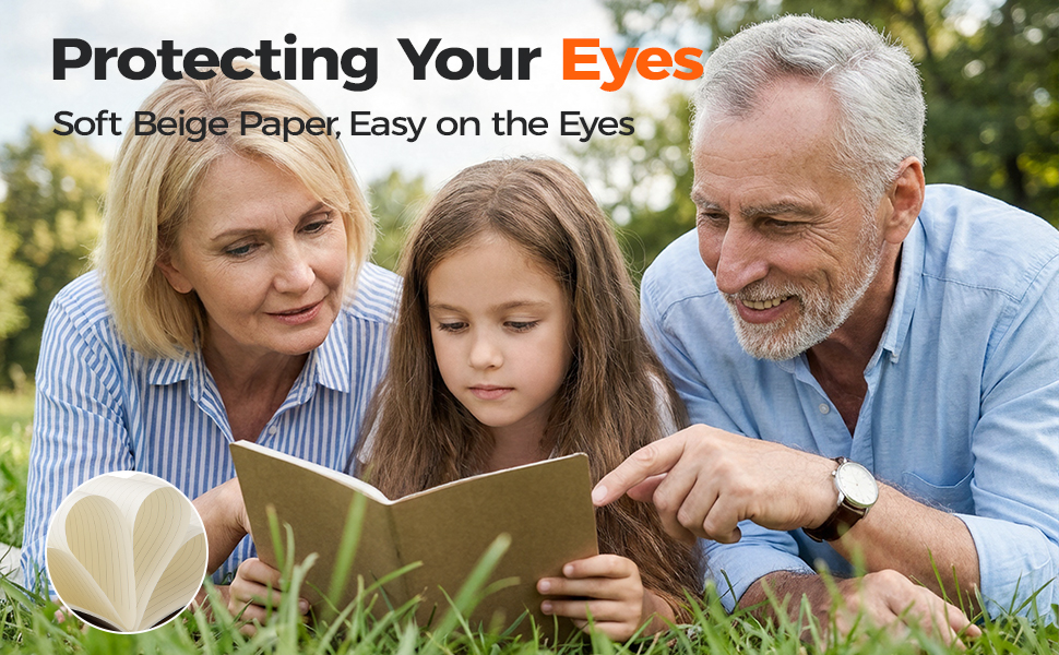 Text reads 'Protecting Your Eyes', 'Soft Beige Paper, Easy on the Eyes'. Multiple images showing people engaged with reading materials.