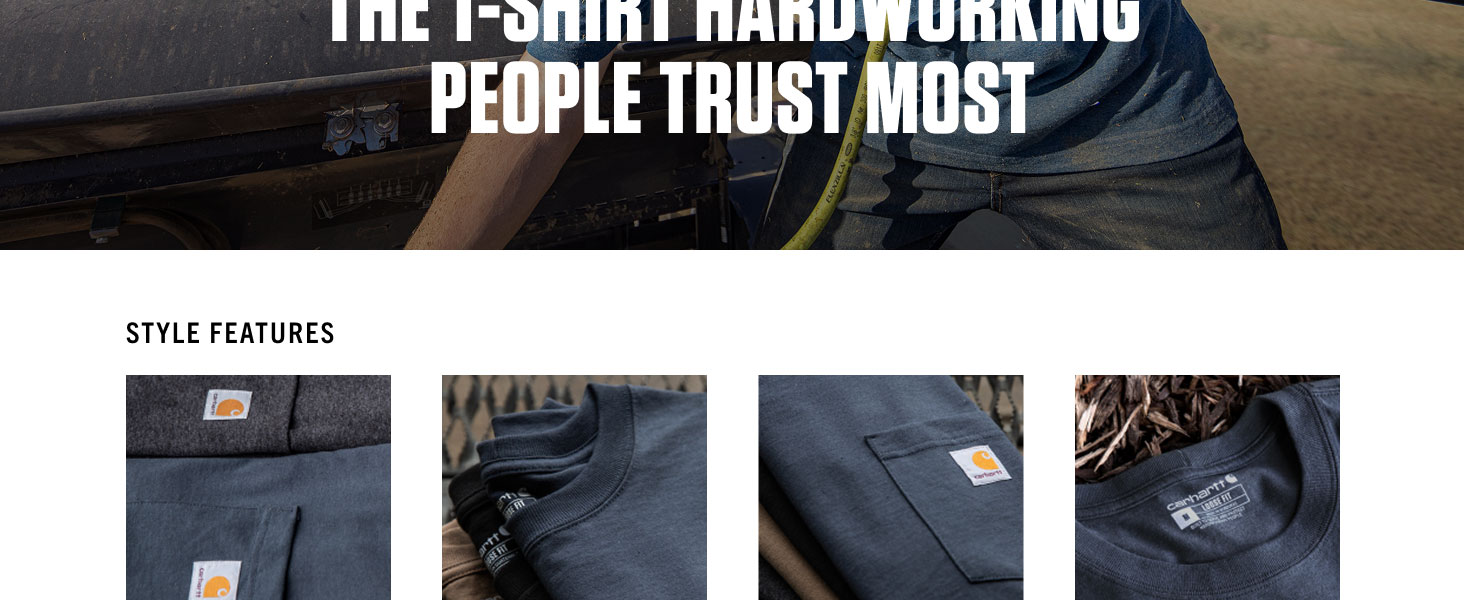 Close-ups showcasing Carhartt's popular Men's Loose Fit Heavyweight Short-Sleeve Pocket T-Shirt