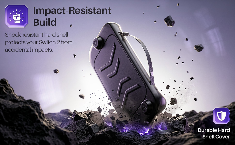 Case shown with impact debris to highlight durability, nintendo switch 2 protective shell featured.