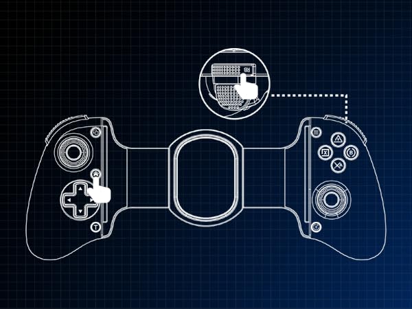 Schematic diagram on dark blue background showing two game controllers connected via dotted lines to central mobile device, with circular icon indicating wireless connectivity.