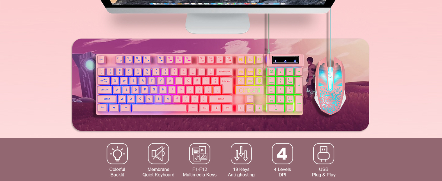 Pink keyboard and mouse