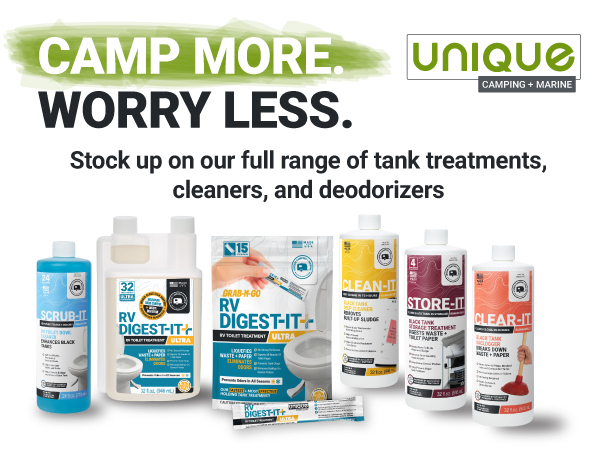 stock up on Unique's full line of tank treatments, cleaners, and deodorizers for your RV