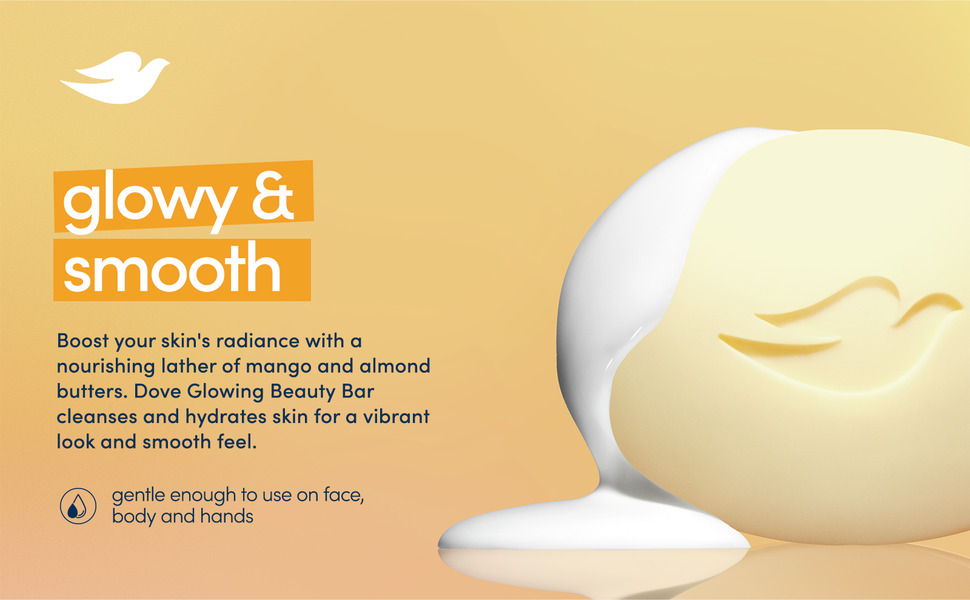 The title reads: glowy and smooth. To the right is a close-up shot of a Dove light-yellow soap bar