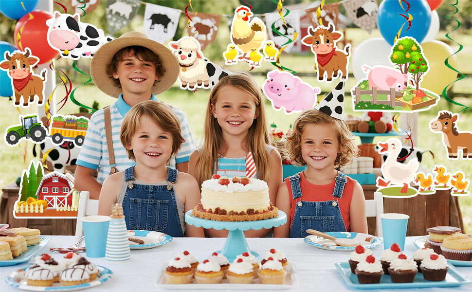 farm birthday hanging swirls
