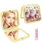 PDOZV 2-Pack Cute Cat Compact Mirror & Pink Mini Folding Comb, 1X/2X Double Sided Magnifying Port...