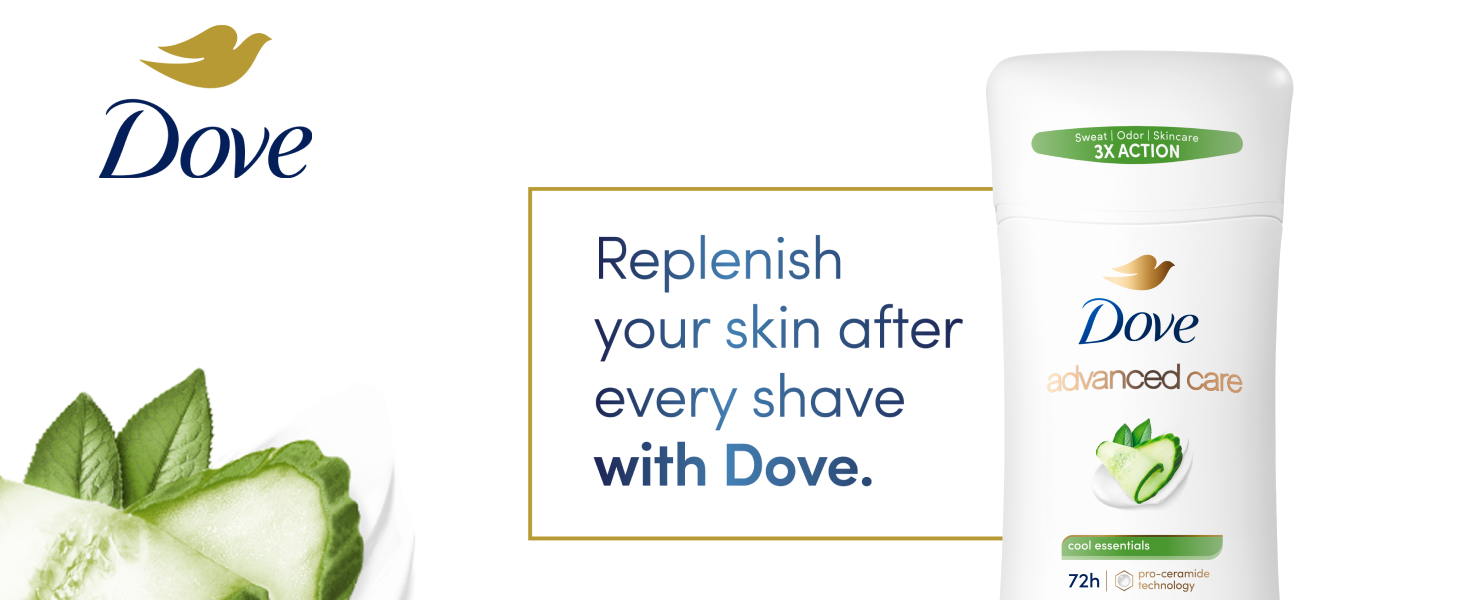 Top half picture of Dove Stick deodorant bottle on white background with headline & cucumber slice