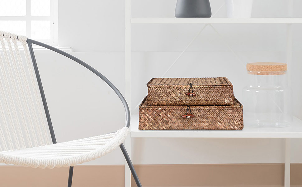 Woven Wicker Storage Bin with Lid Natural Seagrass Basket Box Multipurpose Home Organizer for Shelf