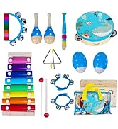 Wooden Musical Instruments Set for Toddlers 1-3, Natural Wood Percussion Instruments Xylophone Gi...