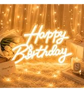 ZSLAIFU Happy Birthday Neon Sign for Wall Decor, Dimmable LED Happy Birthday Light Up Sign, USB P...