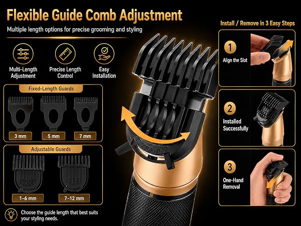 KOOBA beard trimmer guide comb adjustment with multiple length settings and easy installation steps