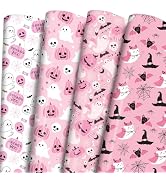 Ulmasinn Pink Halloween Wrapping Paper - Kawaii Spooky-Sweet Gift Wrap with Ghosts, Bats & Waterc...