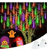 2 Pack Halloween Lights Outdoor Meteor Shower Lights Orange Purple Green | Total 384LED, Extendab...