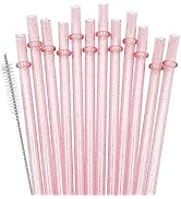 ZHOMA 12-Pack Glitter Reusable Plastic Straws, 11" Long Hard Tumbler Drinking Straws with Cleanin...
