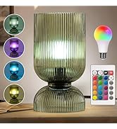Modern RGB Glass Table Lamp with Remote,Color Changing Bedside Lamp with Green Glass Shade, 16 Co...
