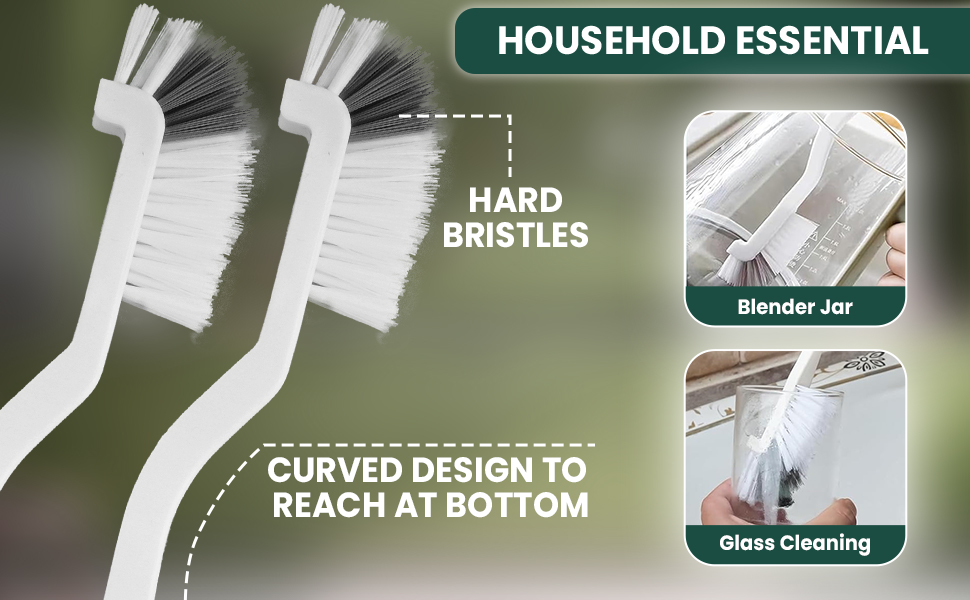 Crevice brush with hard bristles and curved design for cleaning blender jars and glass.