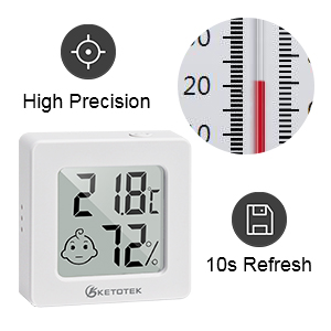Digital thermometer/hygrometer displaying temperature and humidity. Insets show precision scale and '10s Refresh' icon. 'High Precision' text included.