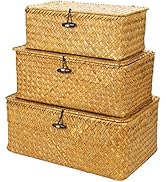 Yesland Shelf Baskets with Lid Set of 3, Handwoven Seagrass Storage Bins Box Rectangular Seagrass...