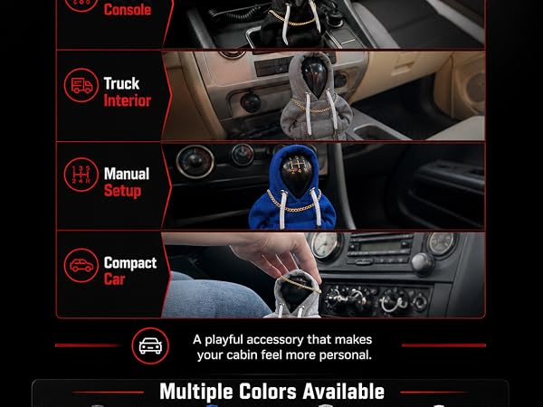 Mini hoodie shift knob cover shown in different car interiors and available color options.