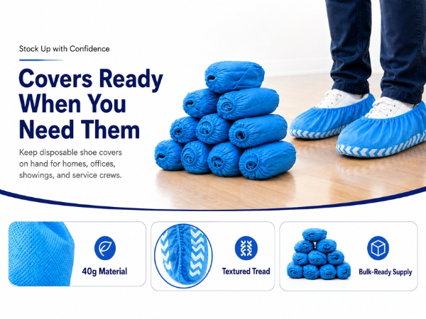 Stacked disposable blue disposable shoe covers with textured tread and bulk-ready supply