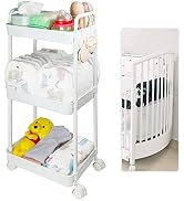 Volnamal Plastic Baby Diaper Cart, White, 14.18 x 9.26 x 31.13 in, 3-Tier Diaper Organizer with W...