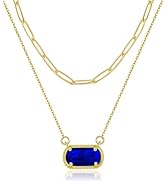 Lourny Gemstone Birthstone Pendant Layered Necklace for Women Trendy, 18K Gold Plated Paperclip C...