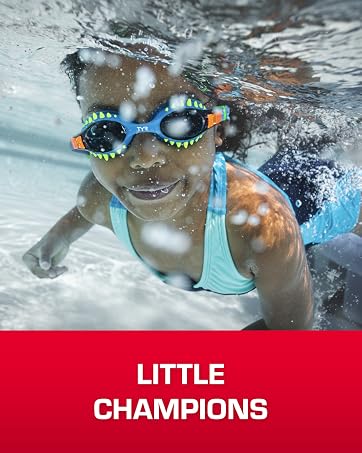 Image of girl swimming in pool with text reading little champions.
