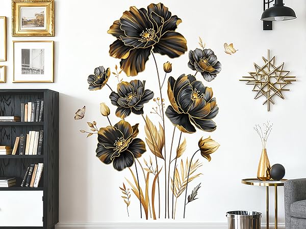 DM2355 black gold flower wall decals