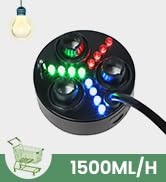 Circular device with colorful LED lights in green, red, and blue. Text indicates '1500ML/H' with an icon of a water droplet.