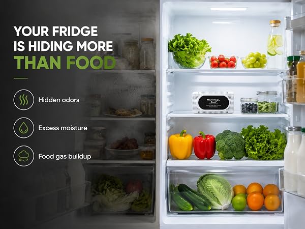 Split fridge comparison showing odor buildup versus fresh organized refrigerator