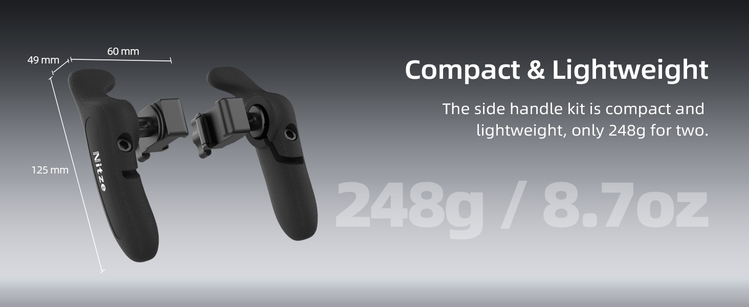 Text reads 'Compact & Lightweight' and '248g / 8.7oz'. Dark-colored product shown against gray background with specifications.