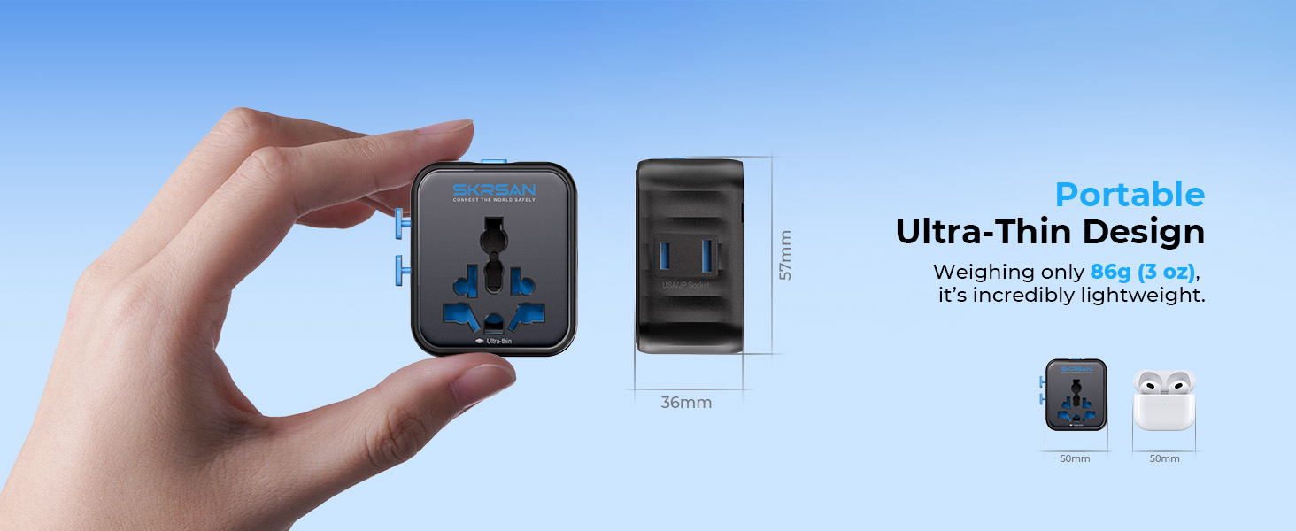 SKRSAN Aura International Travel Adapter, 36mm Ultra-Slim 6-in-1 Universal Wall Charger