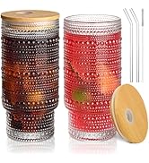 AUFXKOO 16OZ Glass Coffee Cups with Lids and Straw,2Pcs Glass Tumbler with Straw and Lid,Vintage ...