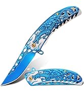 Vividstill Pocket Knife for Men, Cool Folding Knife With 3D Blue Dragon Embossed Relief, Great Ch...