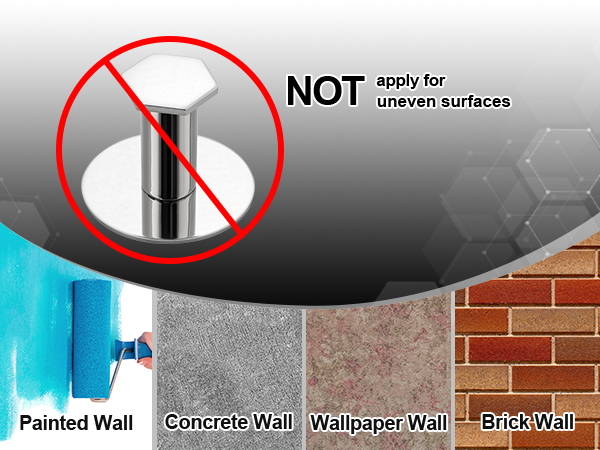 Cylindrical metal object with circular base and top, shown with red 'NOT' symbol. Text warns against use on uneven surfaces. Below, examples of painted, concrete, wallpaper, and brick walls are displayed.