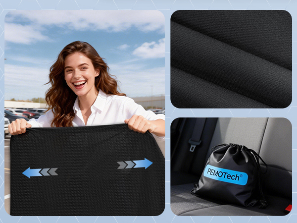 Text reads 'FlexTech'. Series of images demonstrating flexible sun visor functionality in a vehicle, showing extension and adjustment capabilities.