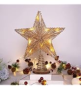 LAWOHO Christmas Tree Topper Star Champagne Gold Glittering Hollow Wire Star Topper, 10 inch Fit ...