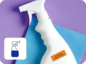 Icon of cleaning spray bottle, photo of cleaning liquid with P-touch label "Vinegar & Water"