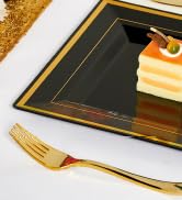 JOLLY CHEF 125 Count Square Black Gold Plastic Plates, Including 25 Disposable Dinner Plates, 25 ...