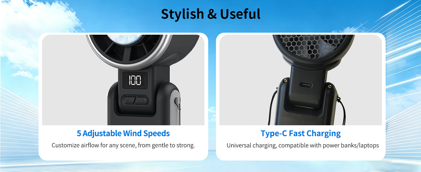 Text reads "Stylish & Useful", "5 Adjustable Wind Speeds", "Type-C Fast Charging". Two black fan devices shown with adjustment and charging feature callouts on blue background.