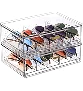 LALOBLUE Clear Acrylic Sunglasses Organizer, Stackable Eyeglass Storage Case with Gold Handles, G...