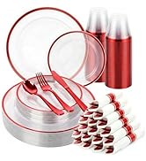 cheerserve 350pcs Plastic Dinnerware Set,Clear and Red Disposable Plastic Plates for 50 Guests In...