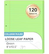 Green Loose Leaf Paper 8 x 10.5, 120 Sheets Lined Paper College Ruled Paper, 3 Hole Punched Noteb...