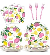 OBUSATT 96Pcs Pink Lemon Party Supplies Lemon Paper Plates Napkins Lemons Summer Party Decoration...