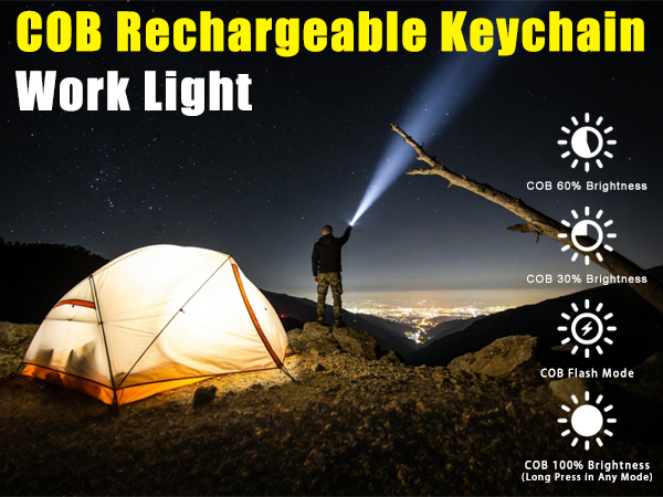 LED EDC Rechargeable COB work light with 4 modes: 100%, 60%, 30% brightness and flashing.