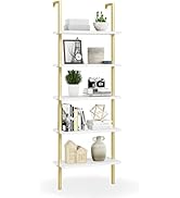 NUMENN 5 Tier Book Shelf, Industrial Ladder Shelf, Open Space Wall Mount Bookshelf with Metal Fra...