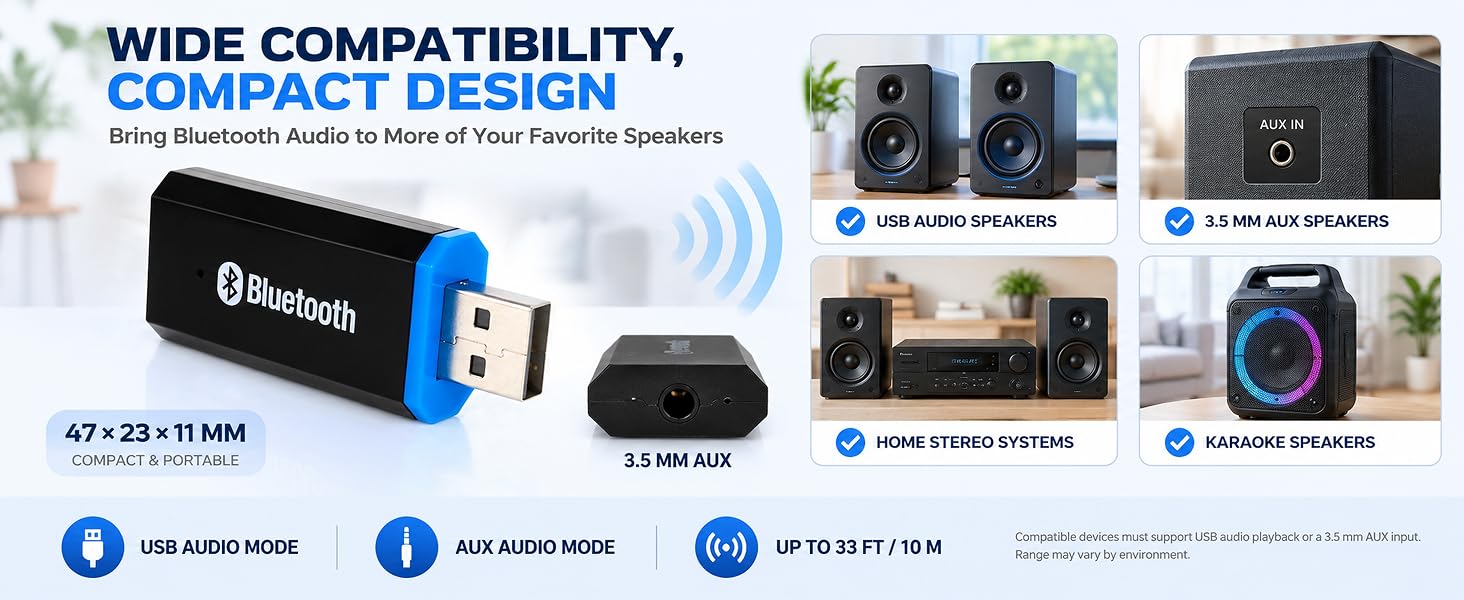 Compact Bluetooth audio receiver for USB audio, 3.5mm AUX, stereo and karaoke speakers