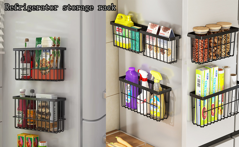 Metal wire basket organizers mounted on refrigerator side, displaying storage of food items and supplies in multiple tiers.